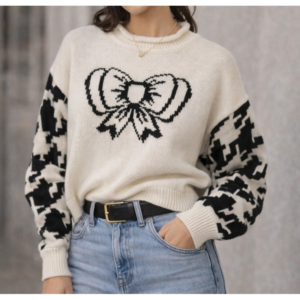 Avenue Mireille Bitton Sweater Womens Large White Black Bow Houndstooth 1987‎